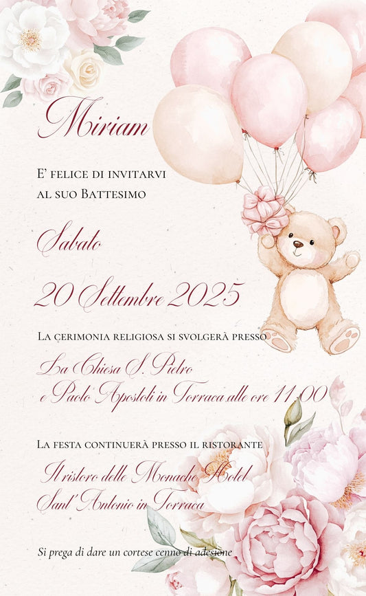 Invito Digitale Orsetta Rosa con Palloncini