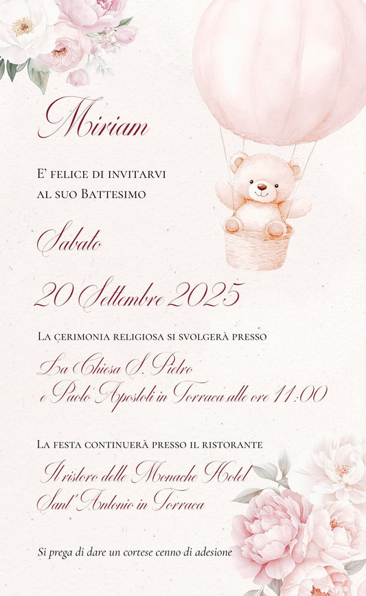 Invito Digitale Orsetta Rosa con Mongolfiera