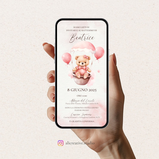 Invito Digitale Orsetta Rosa sulla Mongolfiera con Palloncini