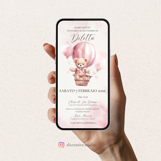 Invito Digitale Orsetta Rosa sulla Mongolfiera con Palloncini