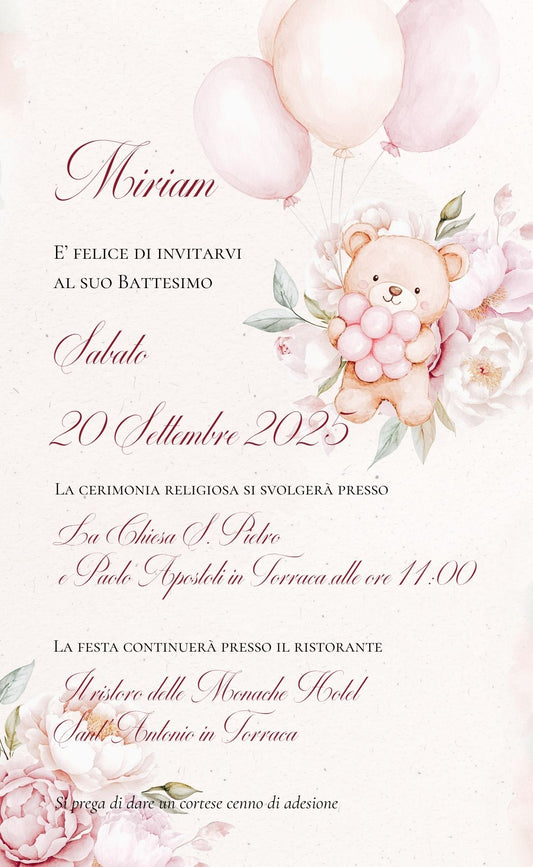 Invito Digitale Orsetta Rosa con Palloncini