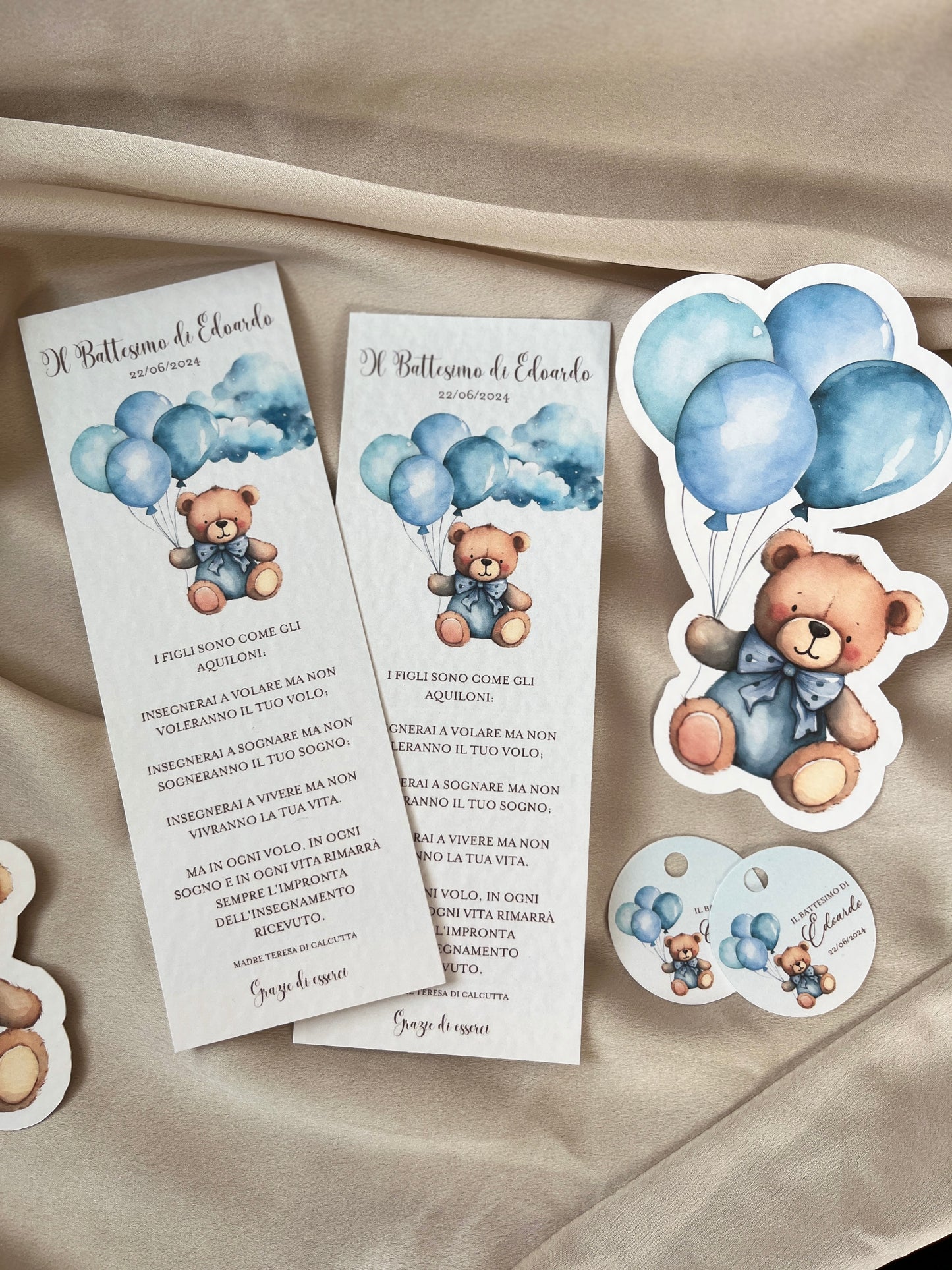 Segnalibro personalizzato Battesimo Orso con Palloncini e Fiocco