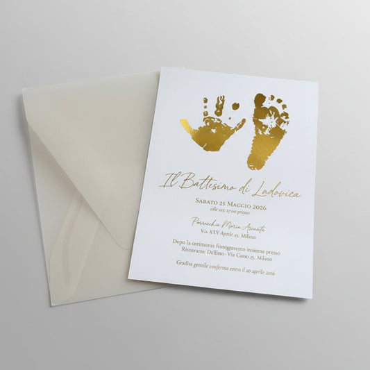 Invito Battesimo con Foil Oro – Carta Bianca Pesante e Busta Trasparente