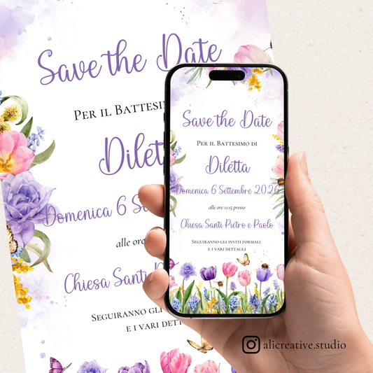 Save the Date Battesimo – Invito Digitale Acquerello Fiori