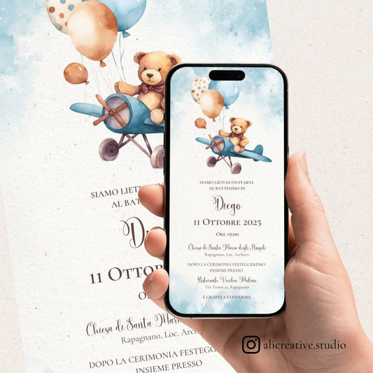 Invito Digitale Orsetto sull'Aeroplanino con i Palloncini
