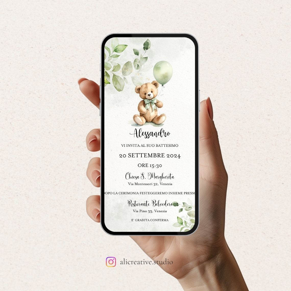 Invito Digitale Orsetto Verde con Palloncini ed Eucalipto