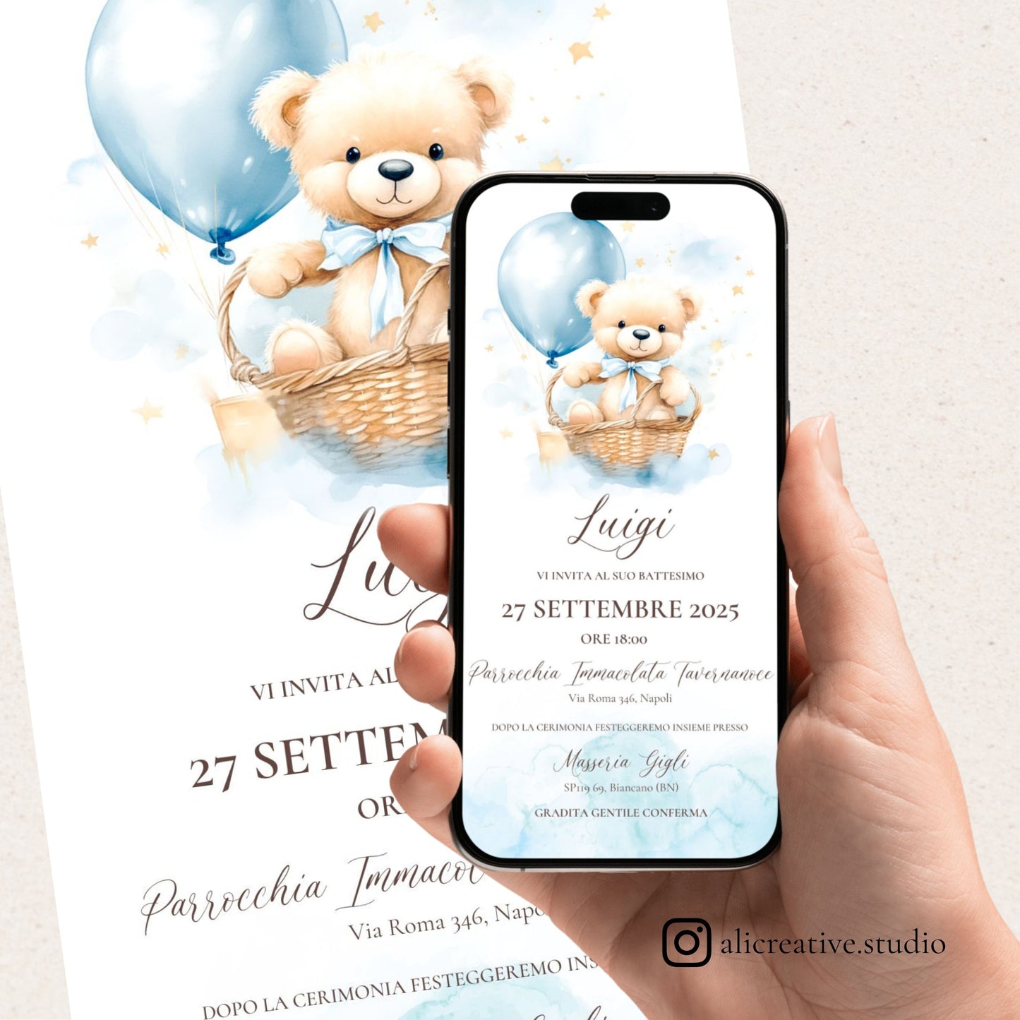 Invito Digitale Orsetto e Palloncino nella Cesta