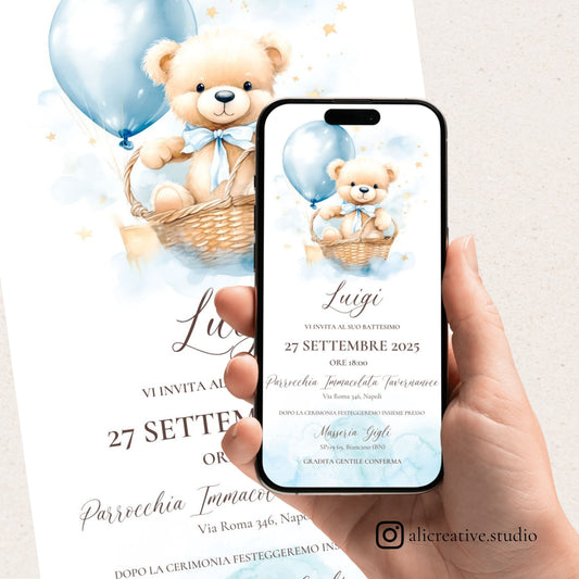 Invito Digitale Orsetto e Palloncino nella Cesta