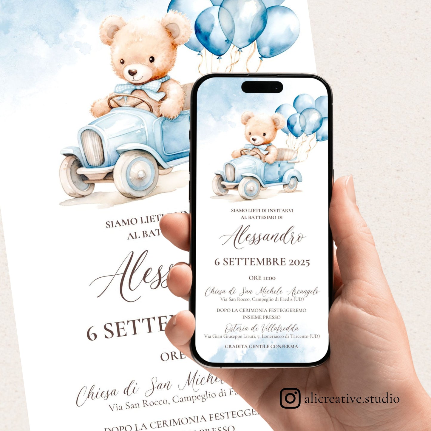 Invito Digitale Orsetto Azzurro con Macchinina