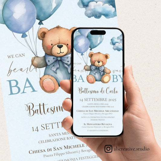 Invito Digitale Orsetto Blu con Palloncini e Nuvoletta