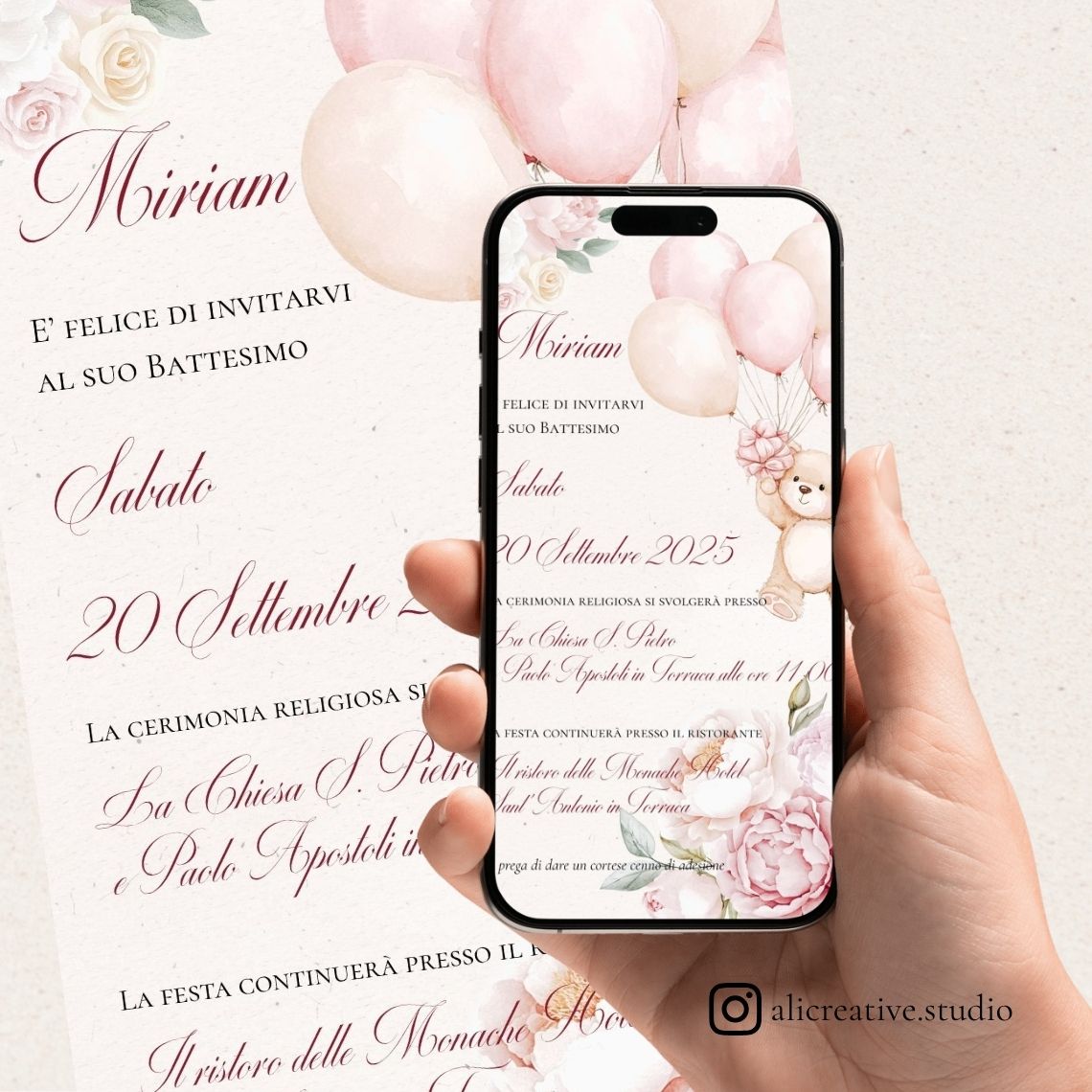 Invito Digitale Orsetta Rosa con Palloncini