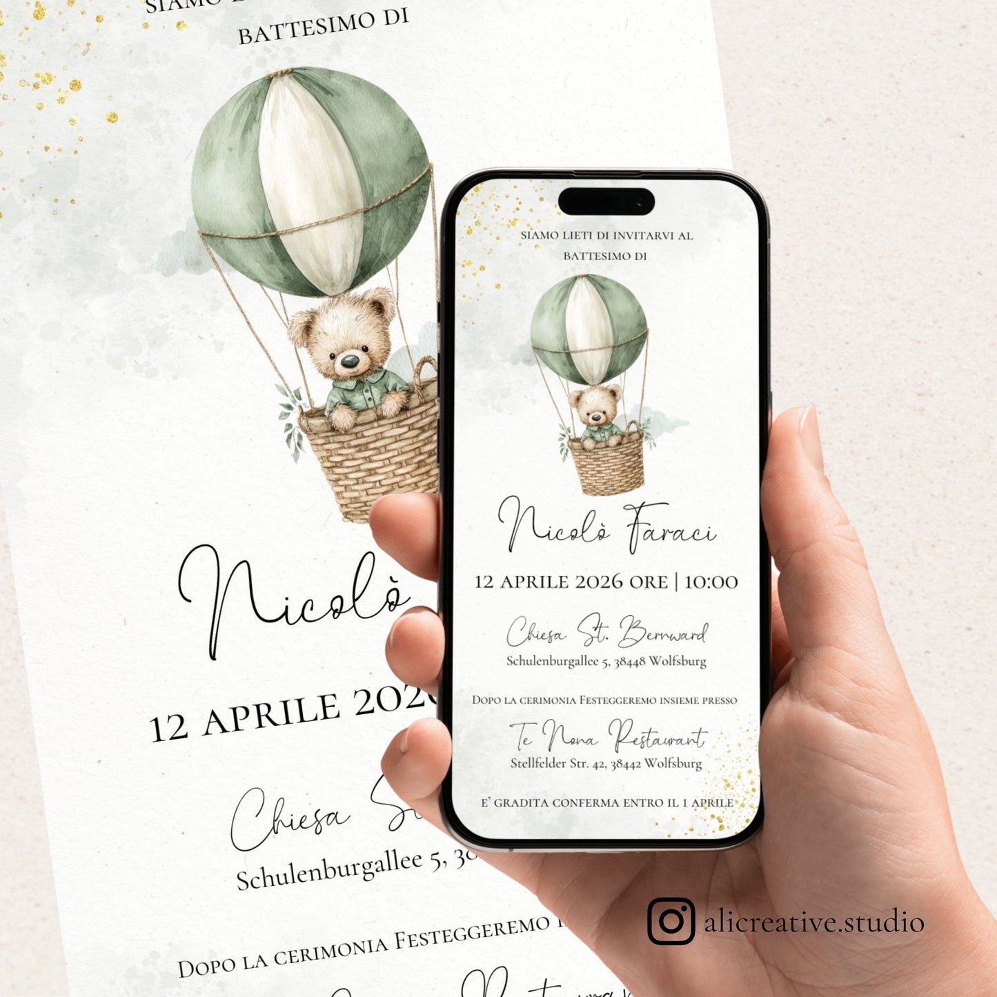 Invito Digitale Orsetto verde sulla Mongolfiera