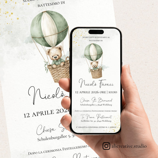Invito Digitale Orsetto verde sulla Mongolfiera