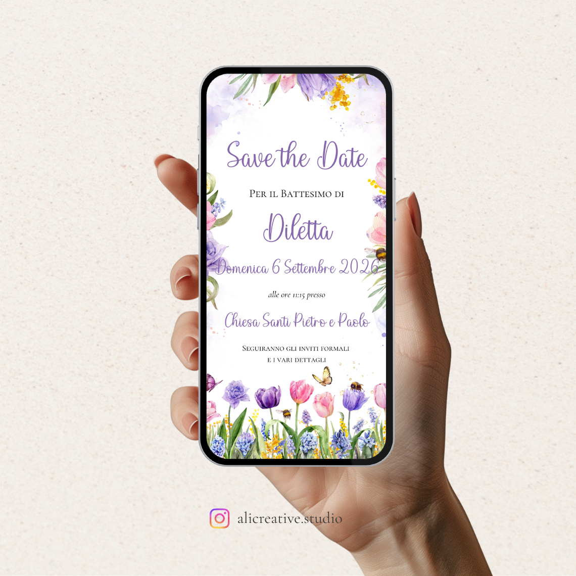 Save the Date Battesimo – Invito Digitale Acquerello Fiori