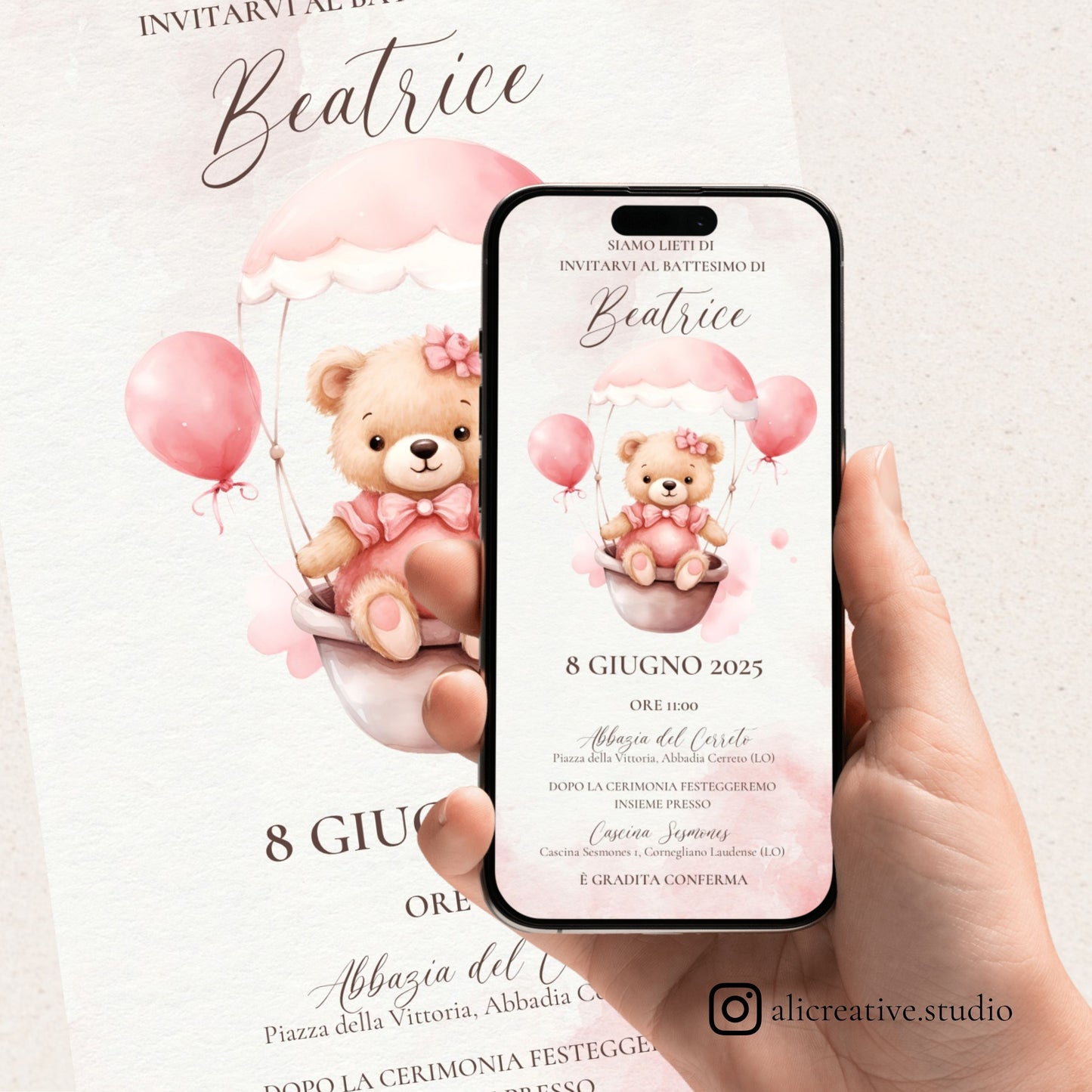 Invito Digitale Orsetta Rosa sulla Mongolfiera con Palloncini