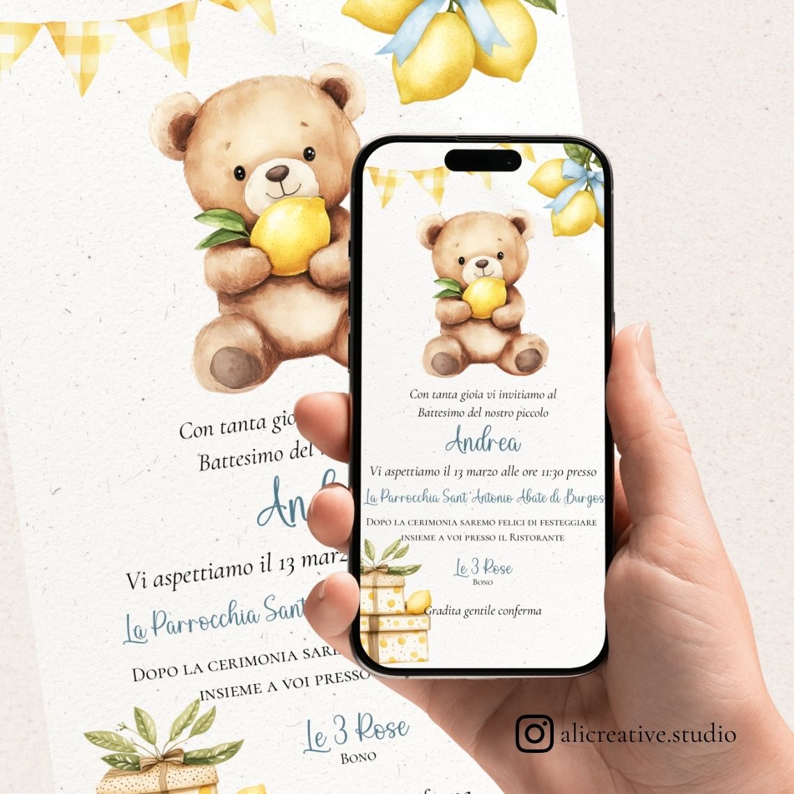 Invito Digitale Orso Limone e Fiori