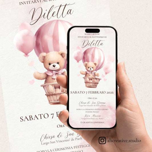 Invito Digitale Orsetta Rosa sulla Mongolfiera con Palloncini