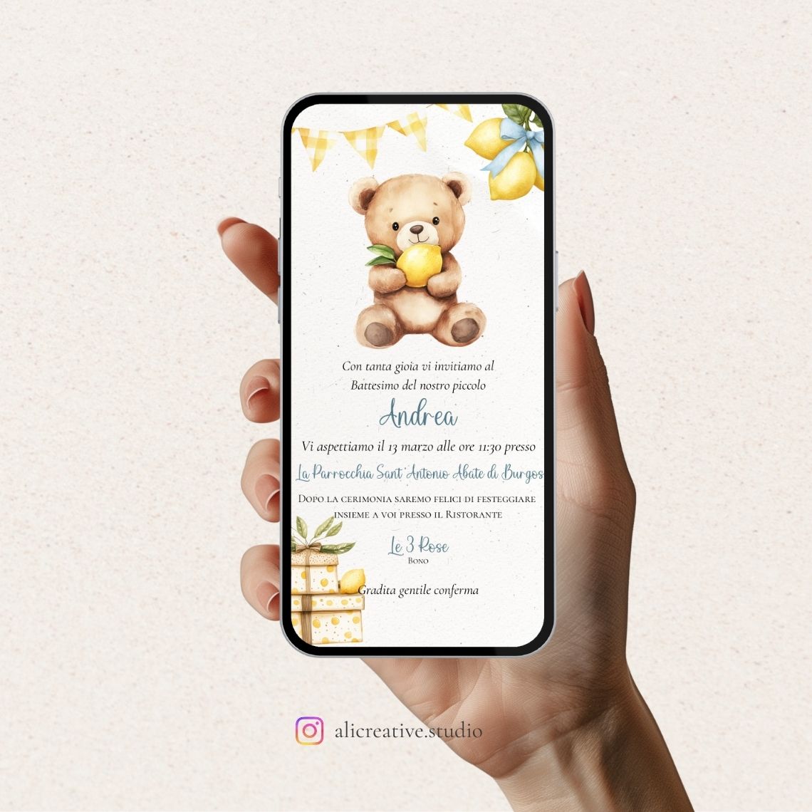 Invito Digitale Orso Limone e Fiori