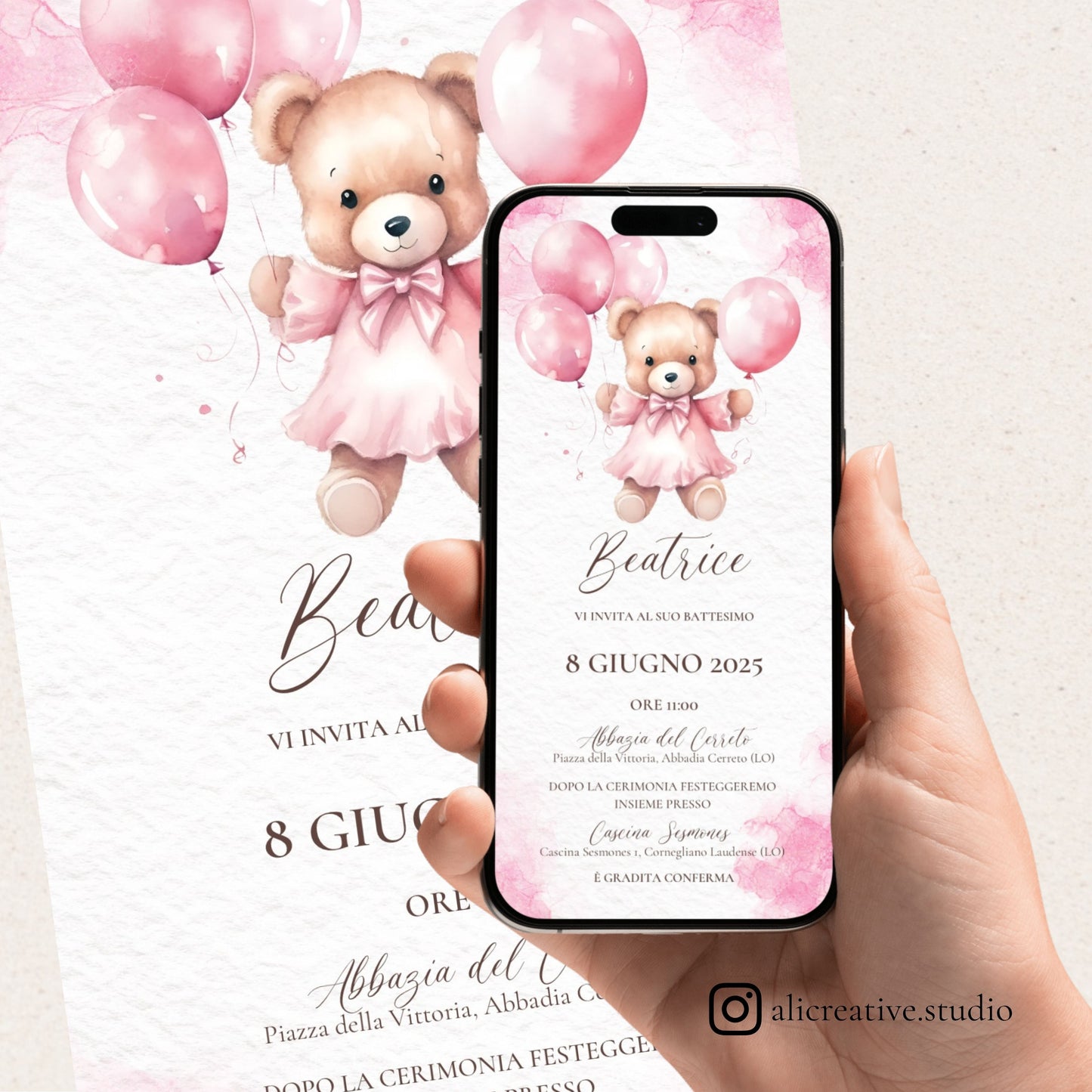 Invito Digitale Orsetta Rosa con Palloncini