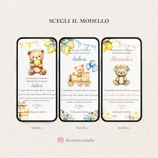 Invito Digitale Orso Limone e Fiori