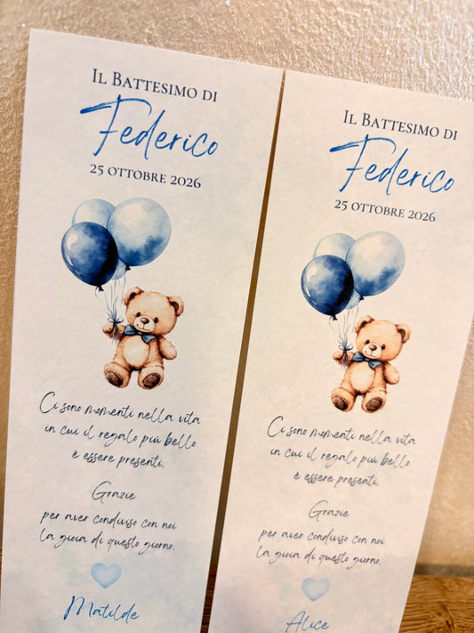Segnalibro Battesimo Bimbo – Bomboniera Acquerello Azzurro con Palloncini