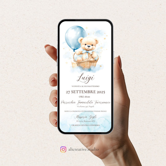 Invito Digitale Orsetto e Palloncino nella Cesta