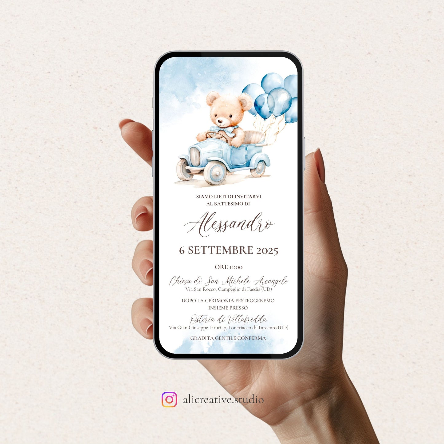 Invito Digitale Orsetto Azzurro con Macchinina