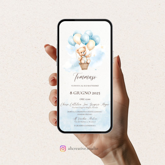 Invito Digitale Orsetto Azzurra con Palloncini e Mongolfiera