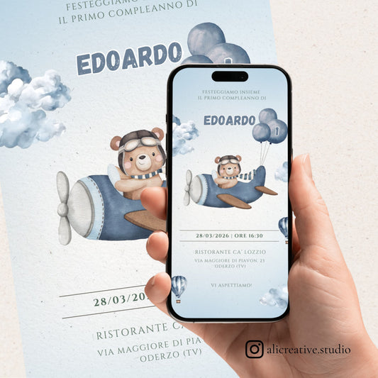 Invito Digitale Orsetto con Aeroplanino e Nuvolette