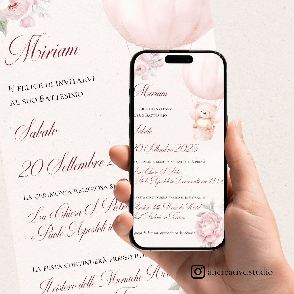 Invito Digitale Orsetta Rosa con Mongolfiera