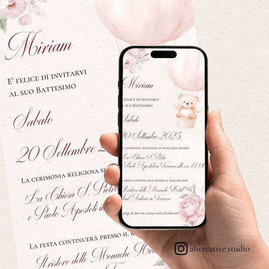 Invito Digitale Orsetta Rosa con Mongolfiera