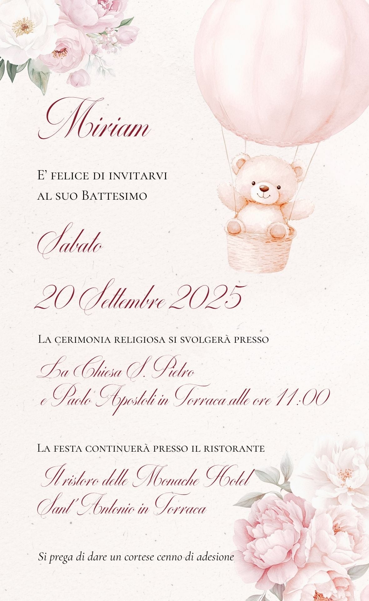 Invito Digitale Orsetta Rosa con Mongolfiera