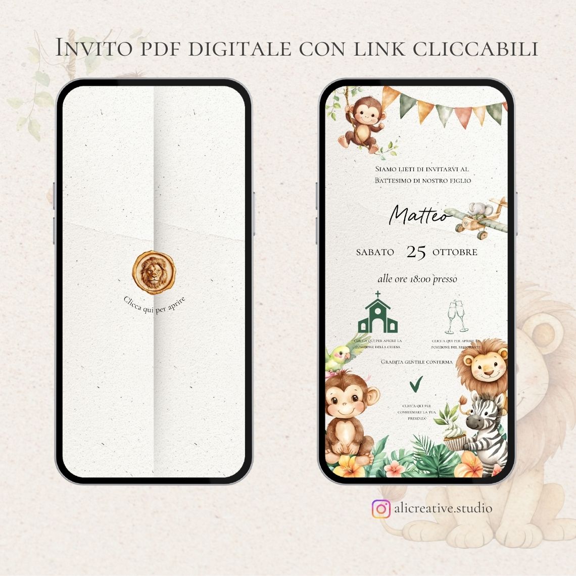 Invito Interattivo con Link Cliccabili Safari e Animali della Giungla