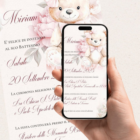 Invito Digitale Orsetta Rosa con Fiocco Rosa