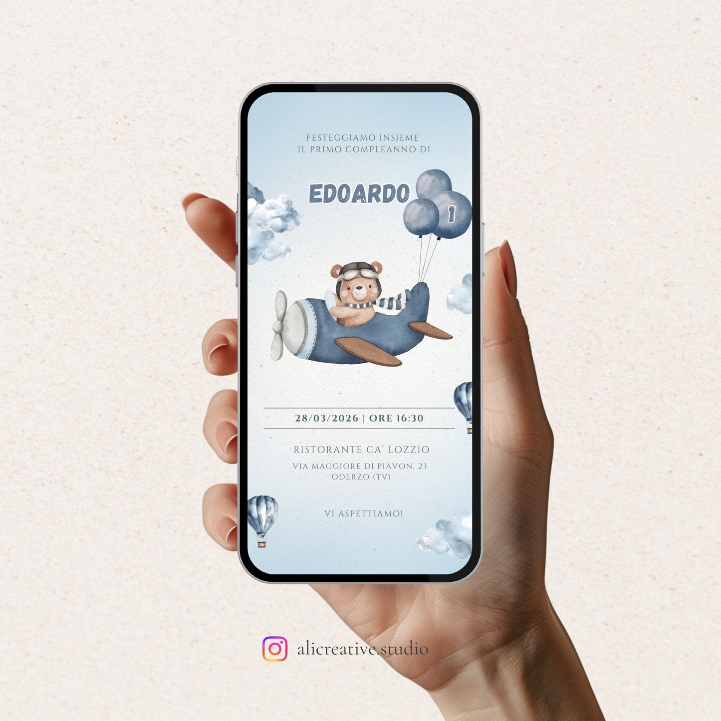 Invito Digitale Orsetto con Aeroplanino e Nuvolette