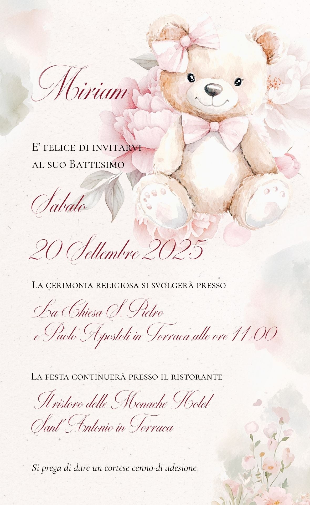 Invito Digitale Orsetta Rosa con Fiocco Rosa