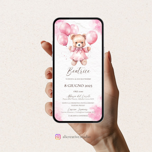 Invito Digitale Orsetta Rosa con Palloncini