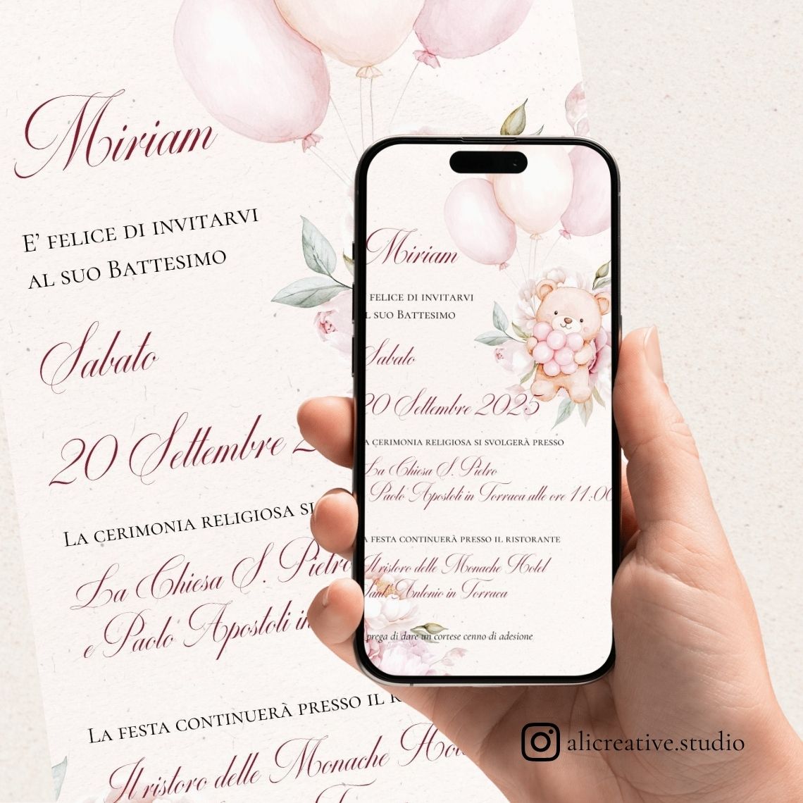 Invito Digitale Orsetta Rosa con Palloncini