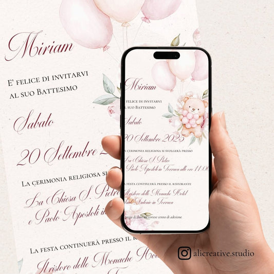 Invito Digitale Orsetta Rosa con Palloncini