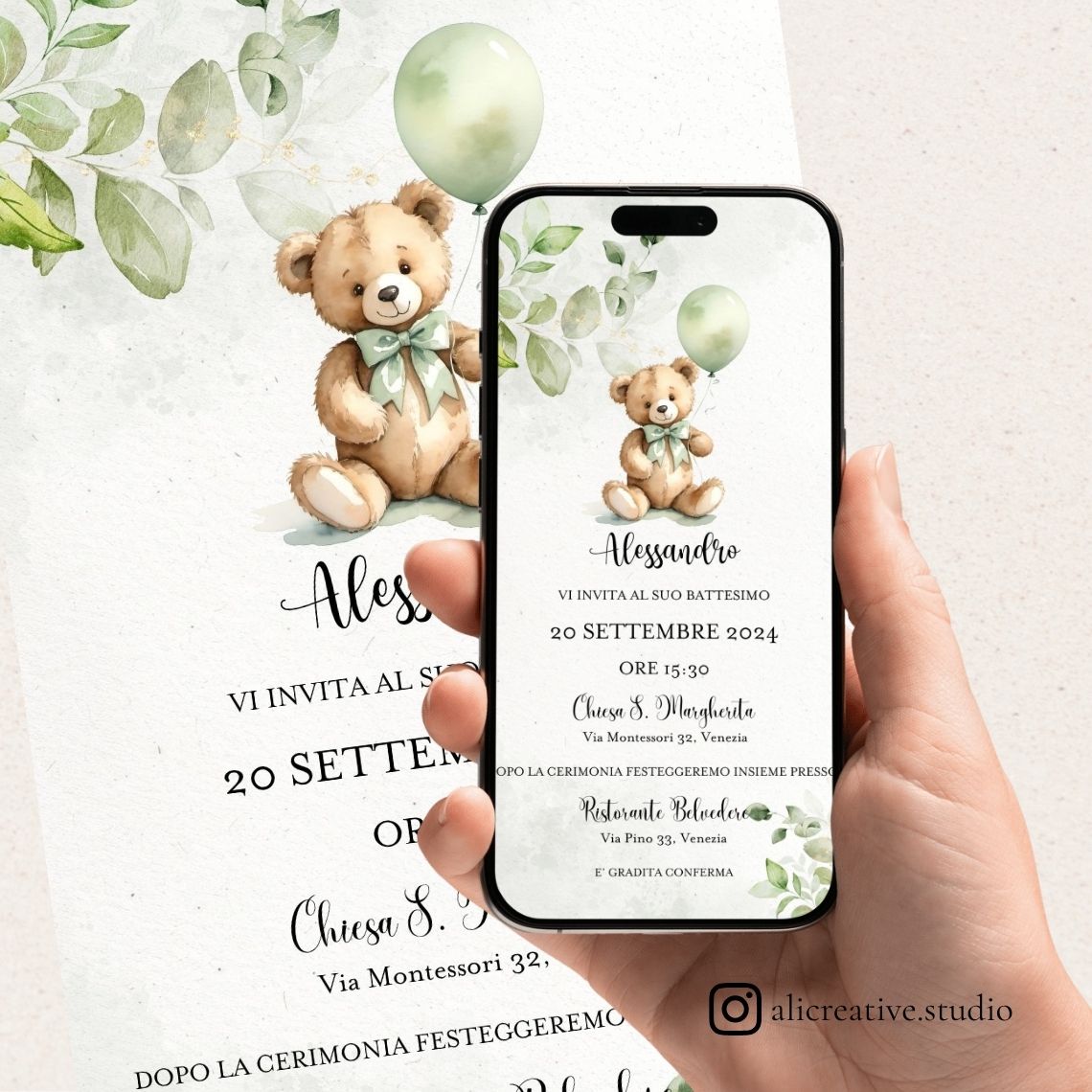 Invito Digitale Orsetto Verde con Palloncini ed Eucalipto