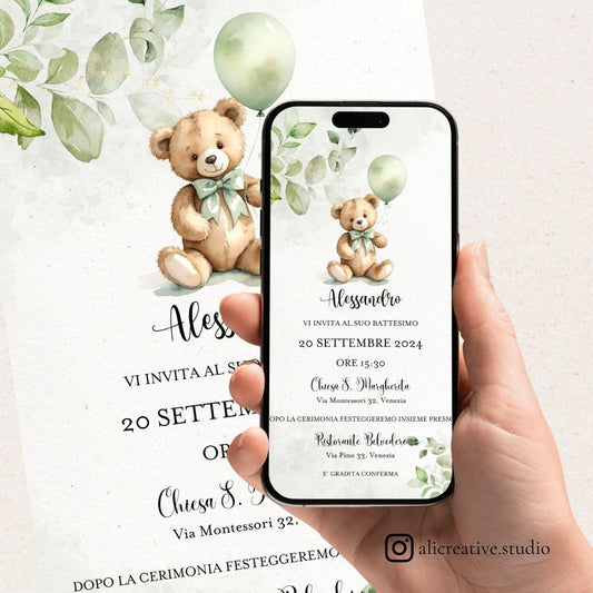 Invito Digitale Orsetto Verde con Palloncini ed Eucalipto