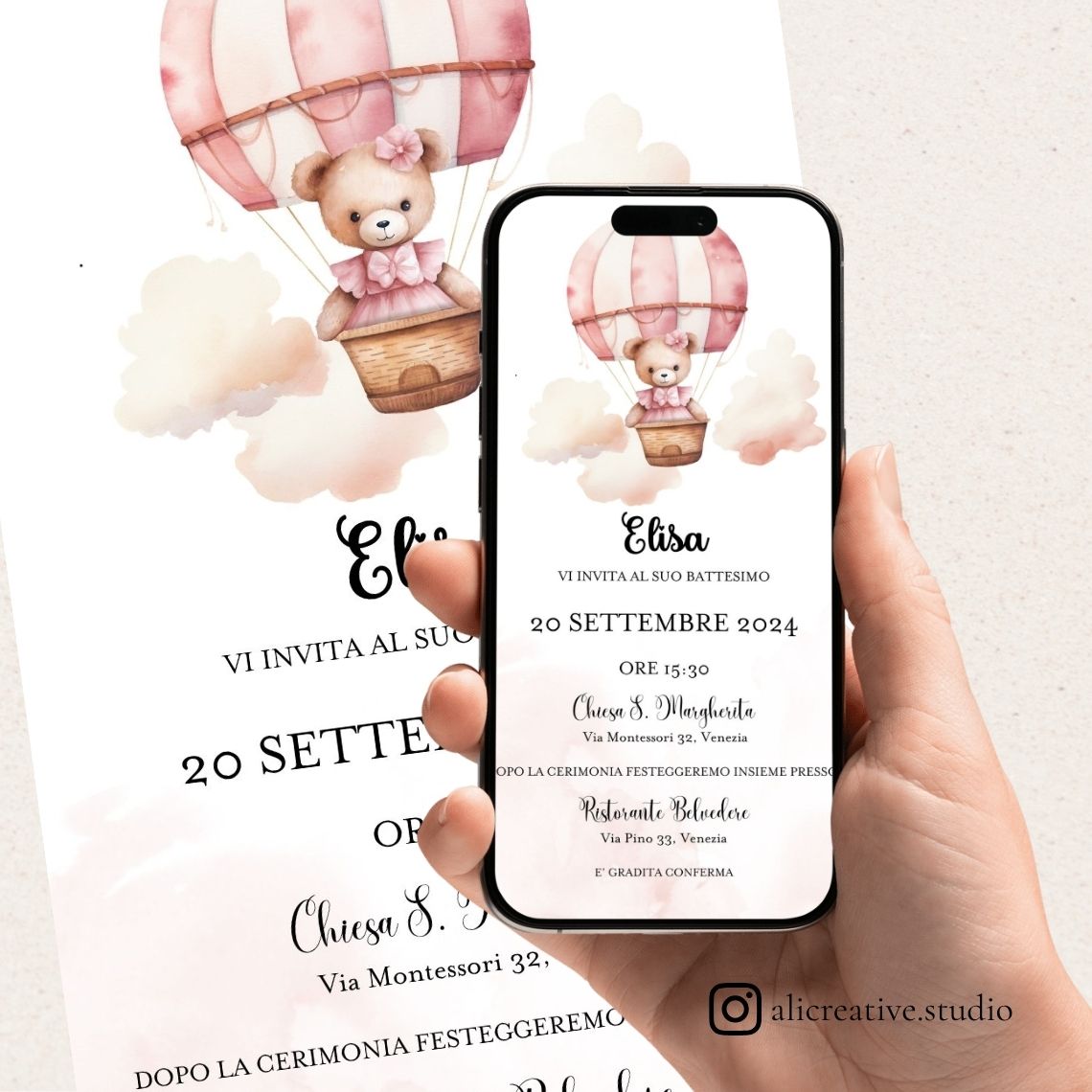 Invito Digitale Orsetta Rosa con Mongolfiera