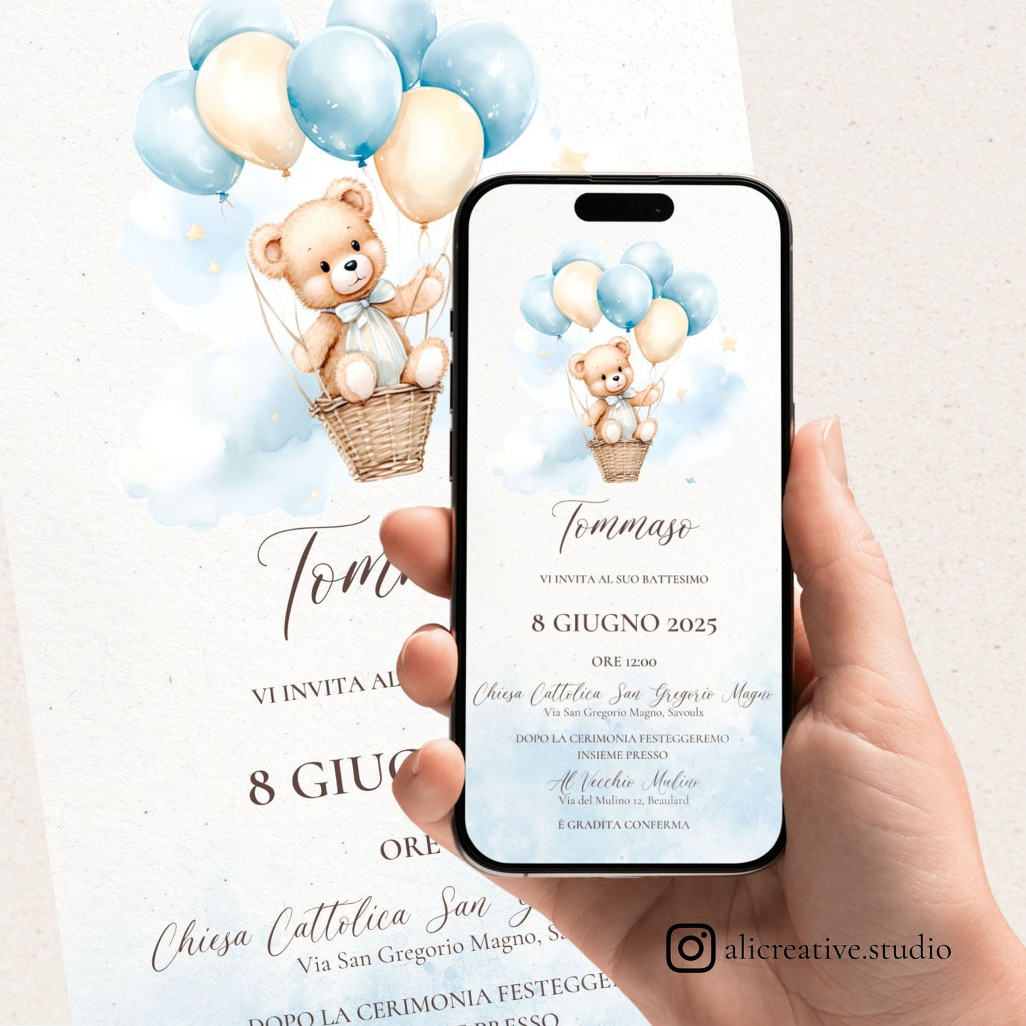 Invito Digitale Orsetto Azzurra con Palloncini e Mongolfiera