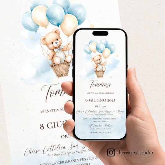 Invito Digitale Orsetto Azzurra con Palloncini e Mongolfiera