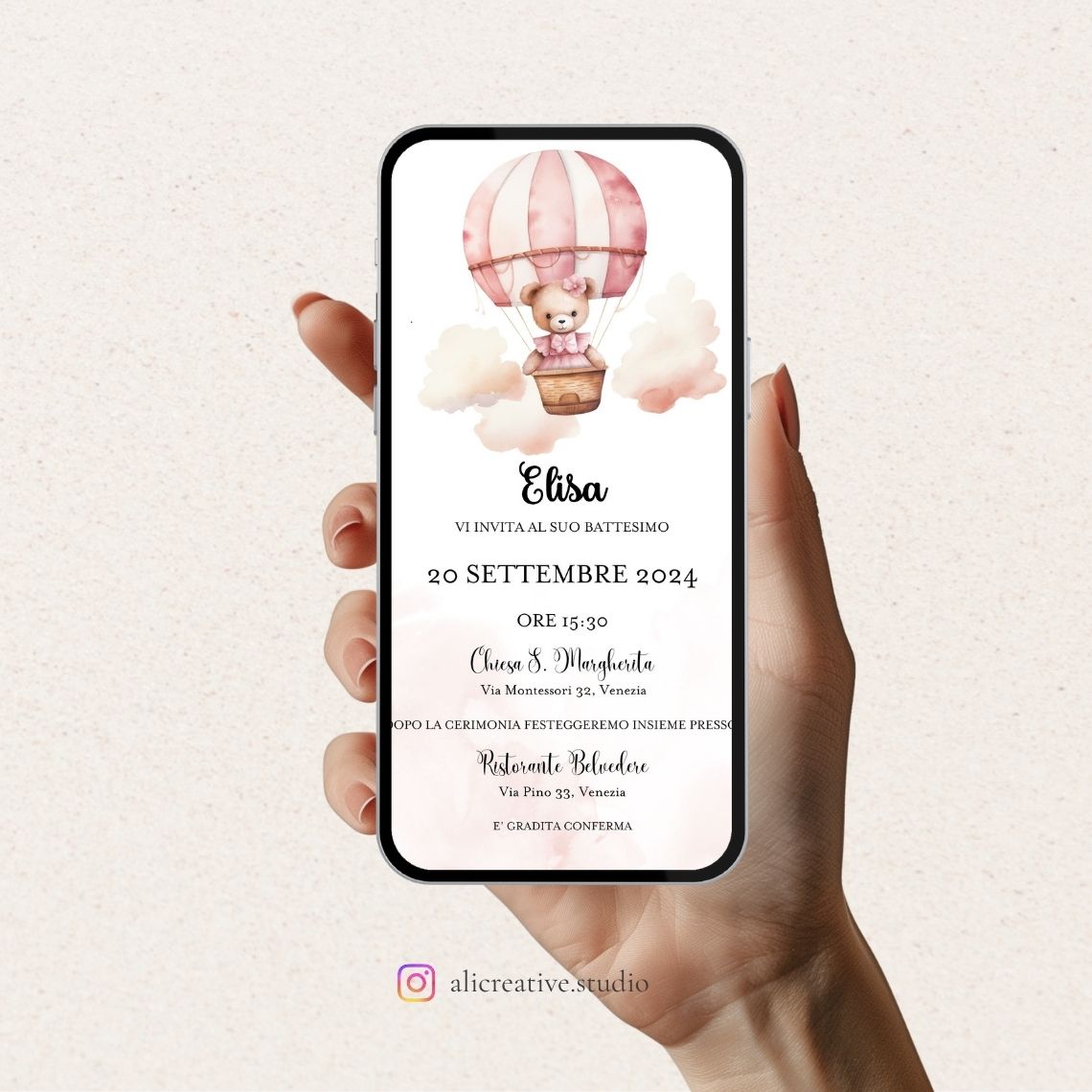 Invito Digitale Orsetta Rosa con Mongolfiera