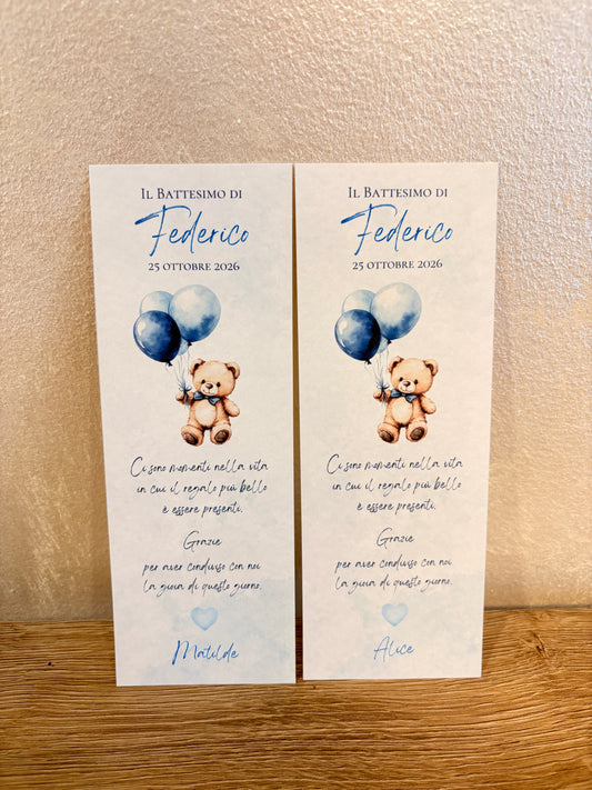 Segnalibro Battesimo Bimbo – Bomboniera Acquerello Azzurro con Palloncini
