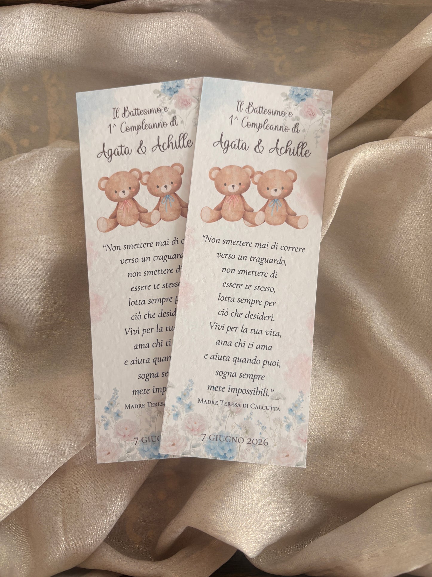 Segnalibro personalizzato Battesimo e 1° Compleanno | Orsetti Gemelli
