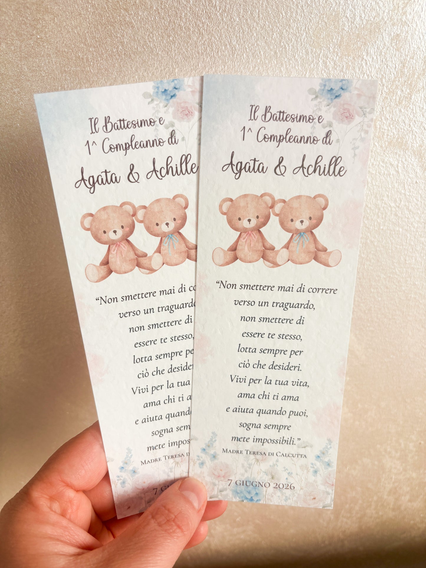 Segnalibro personalizzato Battesimo e 1° Compleanno | Orsetti Gemelli