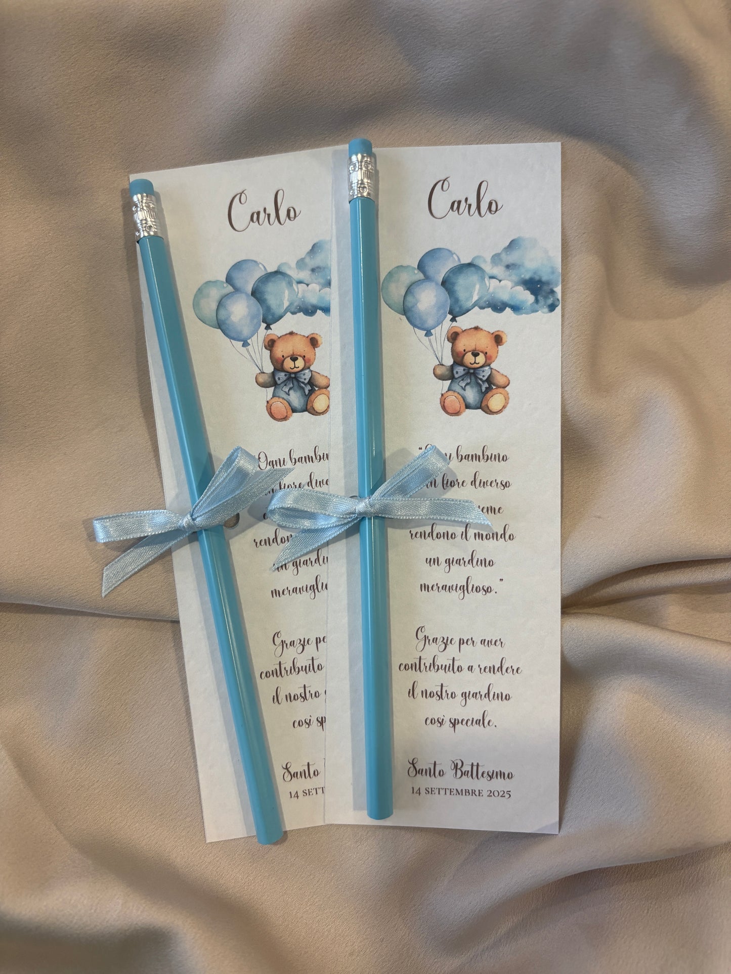 Segnalibro personalizzato Battesimo Orso con Palloncini e Fiocco