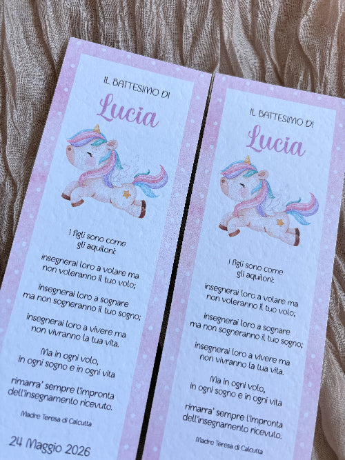 Segnalibro/Segnaposto Battesimo Unicorno Rosa